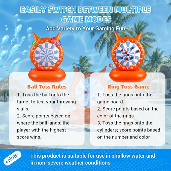 Kids Pool Toys Games, 2-in-1 Inflatable Dart Board Ball and Ring Toss Water Game, Fun Summer Swimming Pool Party Beach Lawn Outdoor Camping Party Float Games for 3-12 Yrs Boys Girls Teen Adult Family