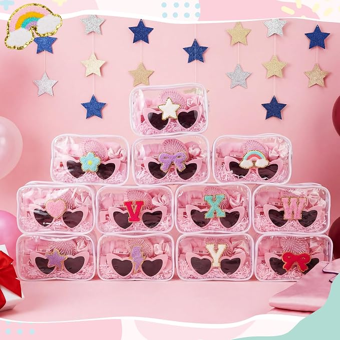 Kacctyen 96 Pcs DIY Clear Cosmetics Bags Kit Including 12 Clear PVC Makeup Bags, 82 Pcs Chenille Letter Patches Self-adhesive Stickers, 2 Crinkle Paper Filler for DIY Craft Sleepover Party Gifts
