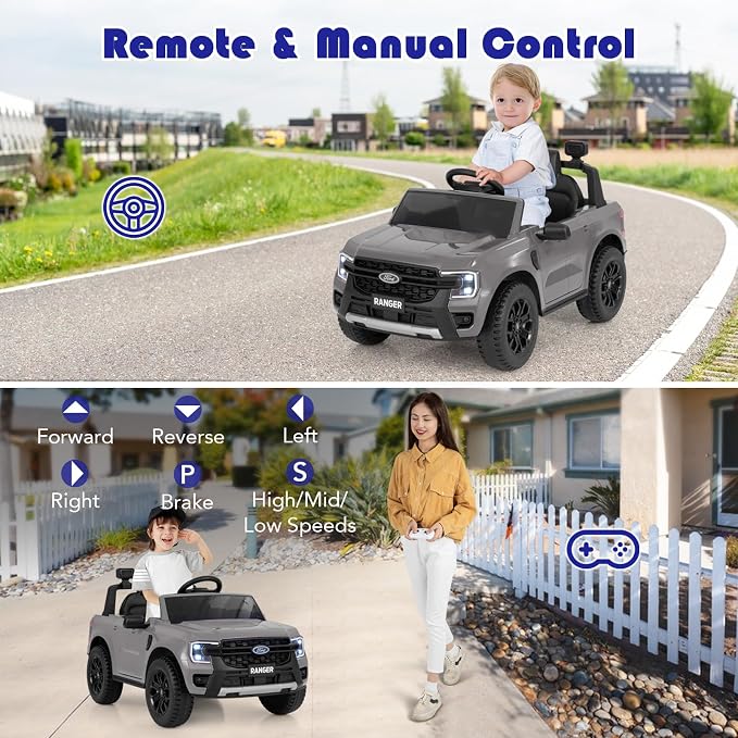 Licensed Ford Ranger Ride on Pickup Truck by INFANS, 12V Battery Powered Electric Vehicle for Kids with Remote Control, Headlight, Power Display, Bluetooth, MP3, Music, Aged 3-6 Years (Gray)
