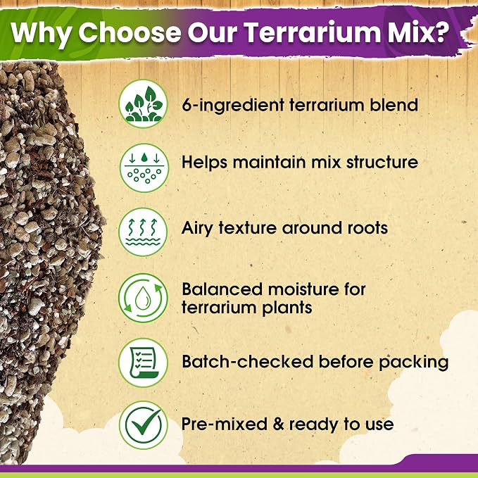DUSPRO Premium 6in1 Terrarium Soil Mix – Pre-Mixed Terrarium Substrate Mix for Terrariums, Balanced Moisture Growing Medium with Coco Coir, Peat Moss, Pine Bark, Perlite, Pumice & Zeolite 8QRT