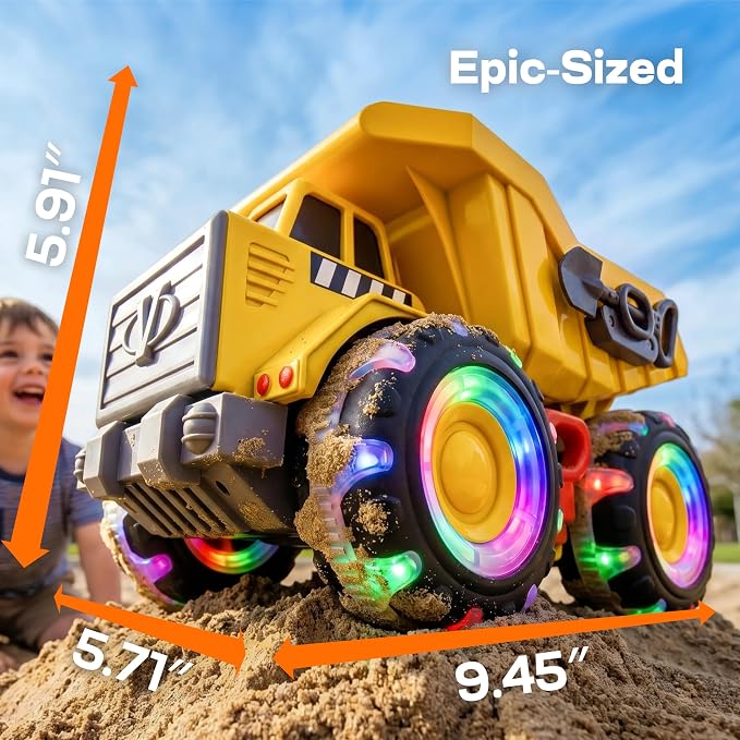 Vroomix JOVA Dump Truck for Toddlers, Construction Toys with Realistic Sounds, LED Light up Wheels, Heavy-Duty Plastic Indoor & Outdoor Beach and Sand Toy for Kids, Gift for Boys & Girls 18M+