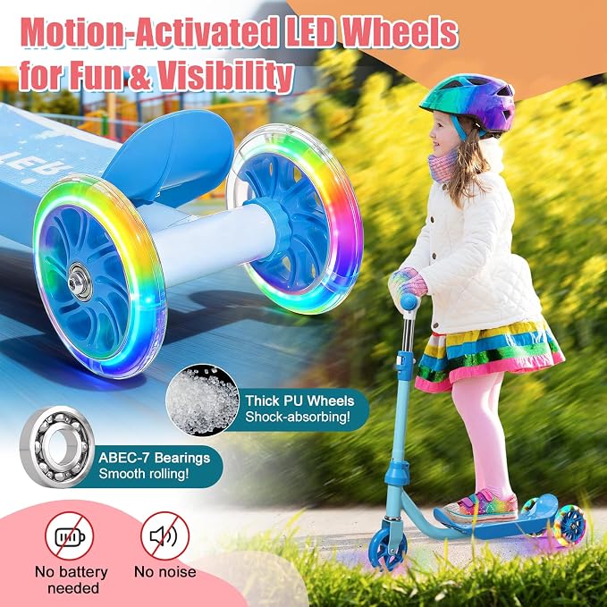 Kick Scooter for Kids Ages 3-7, Three Wheel Toddler Scooter with Handlebar Steering(No Lean),Height Adjustable, Light Up Rear Wheels, Indoor Outdoor Toy for Girls Boys, Holiday Birthday Gift
