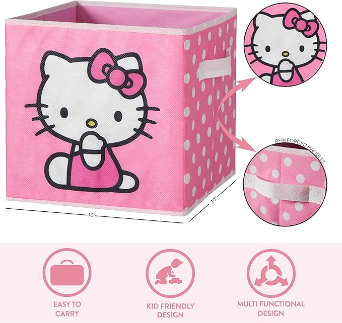 Hello Kitty Set of 2 Storage Cubes with Handles, Durable Foldable Fabric Organizer Bins for Bedroom, Closet, Nursery & Dorm, 10x10x10 Inch Cube Storage Baskets for Toys, Clothes & Shelves