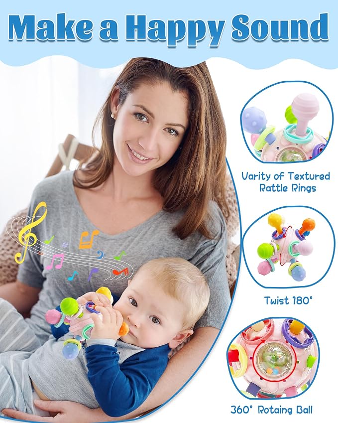 Baby Teething Toys for Babies Girl Toys Gifts, Rattles Chew Sensory Montessori Toys for Newborn Infants, Tummy Time Shower Gifts for Babies - Pink