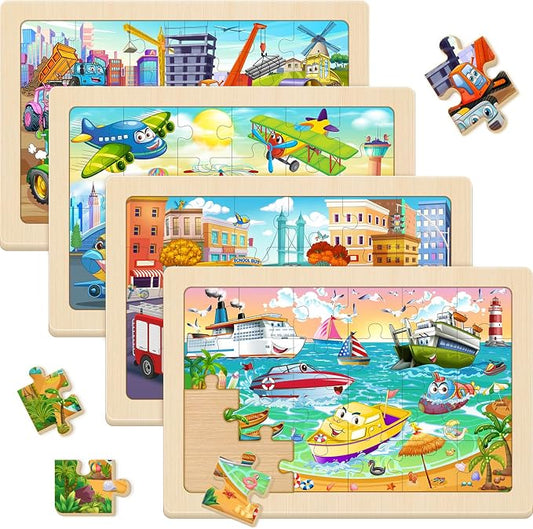 Wooden Puzzles for Kids Ages 4-6, 4 Pack 24 Pcs Toddler Puzzles Set for Ages 3-5, Educational Learning Toys Gift for Boys Girls 3-8 (City Traffic, Airport, Construction, Ocean Cruise)