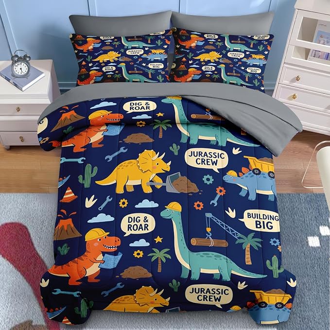 Nesker Dinosaur Comforter Set Full Size, 7 Pieces Bed in a Bag, Blue Dinosaur Bedding Set for Boys, Construction Excavator Comforter Set with 2 Pillowcases & 2 Shams