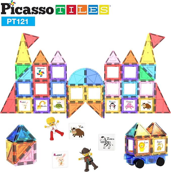PicassoTiles 121 pc Master Builder Magnetic Building Block Construction Set Magnet Tiles Blocks with Car Truck, 2 Character Action Figures, 28 Educational Alphabet Animal and Number Graphics