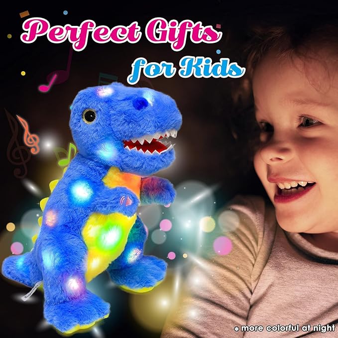 Light-up Singing Plush Blue Dinosaur LED Musical Stuffed Animal T-Rex Adjustable Volume Lullaby Plushies Birthday Christmas Toy Gifts for Kids Toddler Girls, 12"