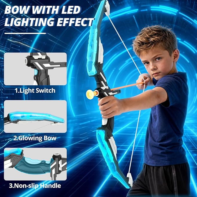 HYES Bow and Arrow for Kids, LED Light Up Archery Set with 12 Suction Cup Arrows, 1 Standing Target, 3 Score Targets & 1 Quiver, Indoor Outdoor Sport Gifts for Boys Girls Ages 4-12, Blue