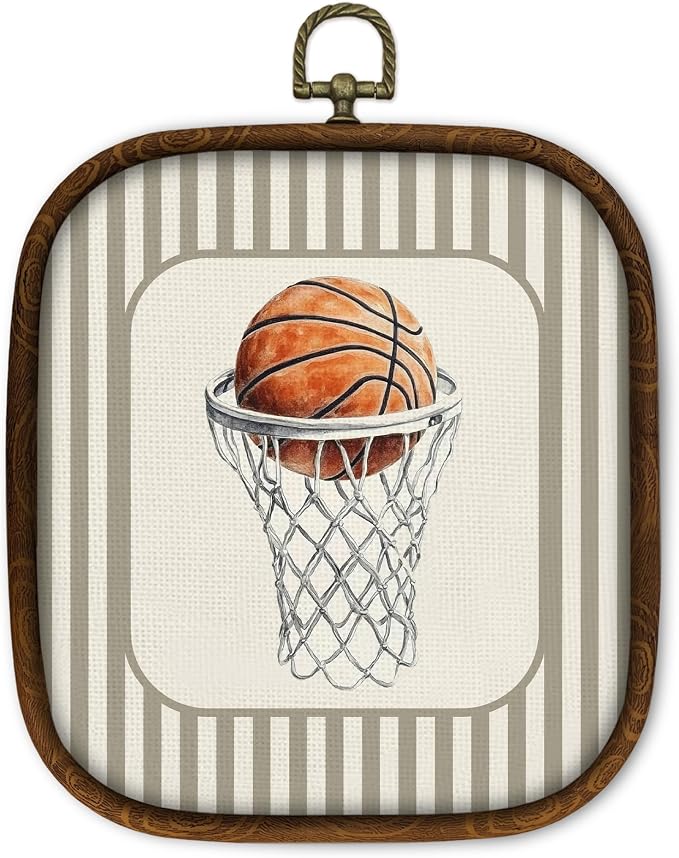 WULQYING Basketball Nursery Wall Art Decor, Sports Nursery Boys Room Square Framed Canvas Art Prints, Neutral Striped Sport Lover Gift Wall Hanging Decor for Kids Boys Room Playroom, 5.7x6.5 Inches