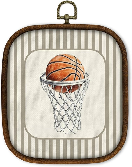 WULQYING Basketball Nursery Wall Art Decor, Sports Nursery Boys Room Square Framed Canvas Art Prints, Neutral Striped Sport Lover Gift Wall Hanging Decor for Kids Boys Room Playroom, 5.7x6.5 Inches