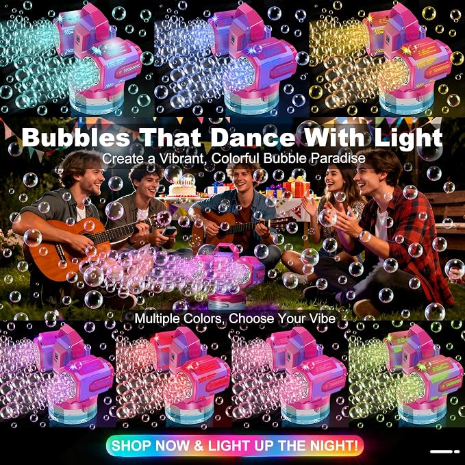 Rechargeable Bubble Machine with RGB Lights: 30,000 Bubbles/Min Storm, Auto 360° Rotation, Battery% Display - Remote Control Bubble Maker for Romantic Wedding, Kids Party & Outdoor Events