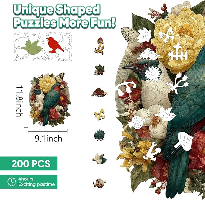Leodozzio Wooden Puzzles for Adults, Nature Birds Wood Jigsaw Puzzle 200 Pieces, 5mm Thick Unique Shaped Bird Flower Puzzle, Gift for Adults & Family, 9.1 x 11.8 Inch