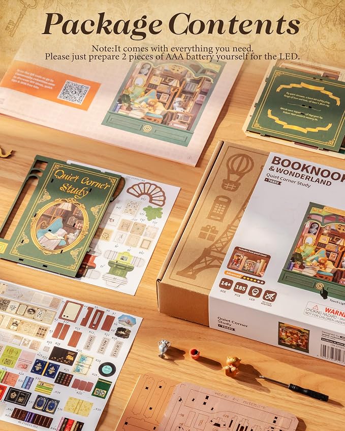 ROBOTIME DIY Miniature House Kit-Quiet Corner Study, Green Dollhouse Book Nook Kit for Adults, Vintage Bookstore Library with LED Bookshelf Insert Decor, Creative Gifts Puzzles for Family Book Lovers