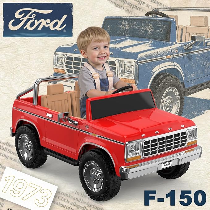 ANPABO Licensed Ford F-150 24V 2 Seater Ride on Car for Kids, 4x100W Motors for All-Terrain Electric Car w/Parental Remote, Retro Style, 3-Speeds, Large Storage Box, Music Player (Red-Orange)