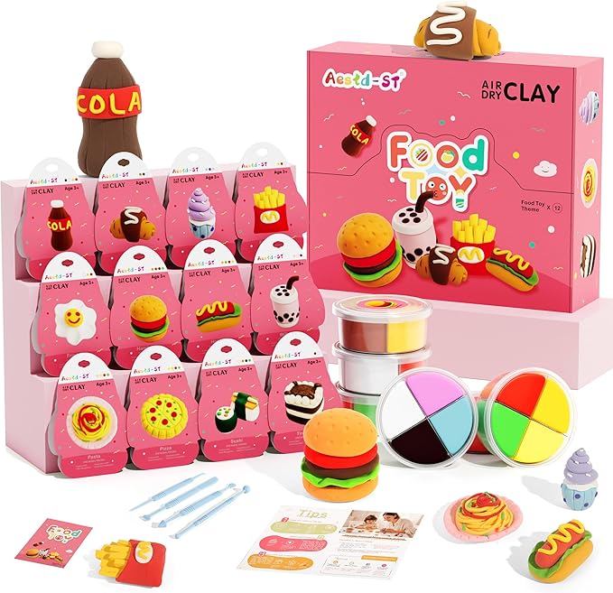 Air Dry Clay Kit - Food Toy Theme, Modeling Clay for Kids, DIY Magic Clay with Tools and Tutorials, 12 Boxes Molding Clay, Ultra Light, Soft & Non-Sticky, Arts and Crafts Gift for Kids