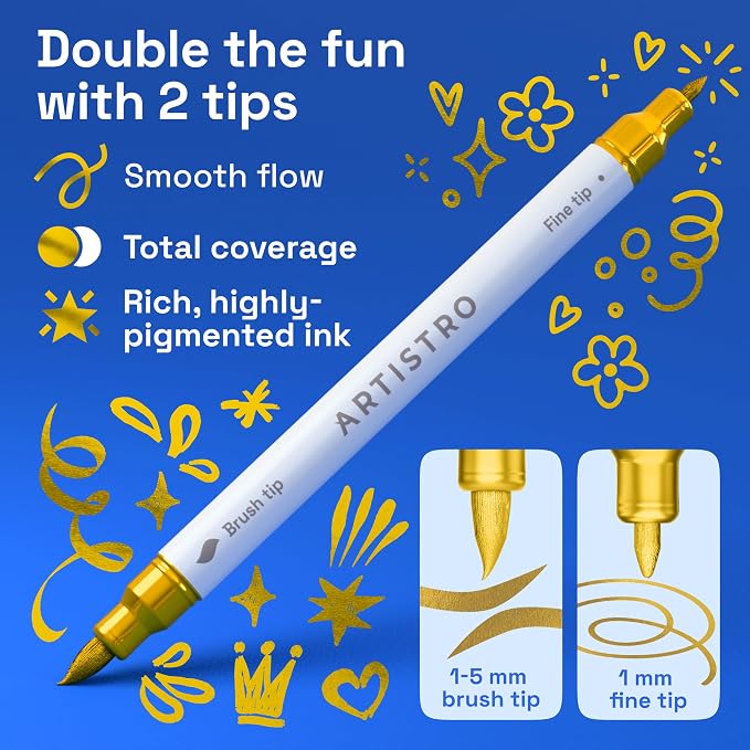 ARTISTRO 24 Gold Acrylic Paint Markers - Paint Pens for Drawing - For Fabric, Rock, Glass, Wood, Molds - Arts & Crafts Gift for Adults, Teens, Kids, Classroom Must Haves & School Supplies