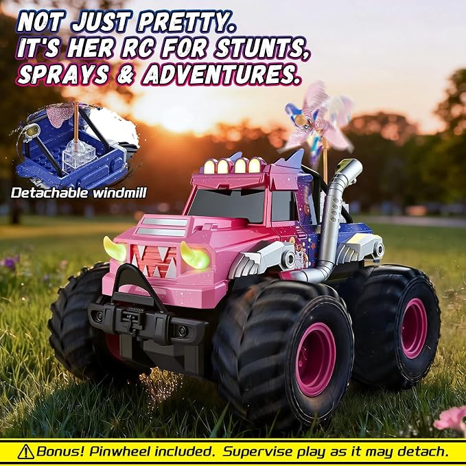 Remote Control Car for Girls, Waterproof Pink Monster Truck Toys W/Blocks & 360°Spin, 1:18 Amphibious RC Cars, 4WD All-Terrain Off-Road RC Trucks, Birthday Gifts Pool Toys for Kids Age 3-12