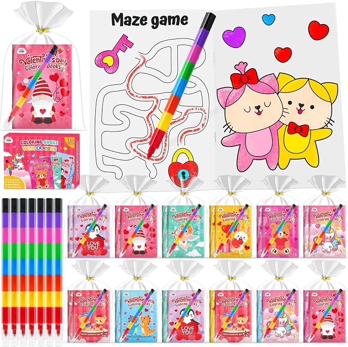 ZMLM 24 Pack Valentine's Coloring Books for Kids with Crayons,Party Favors for Kids 4-8, Goodie Bags Stuffers for Toddlers, Classroom Prizes Birthday Return Gifts (Valentine)