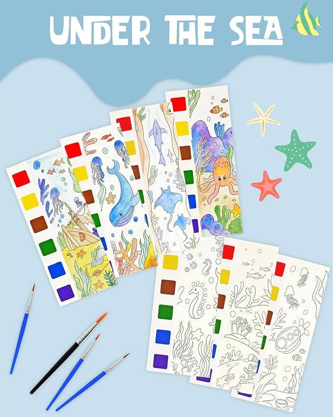 Vileafy 20 Under The Sea Party Favors for Kids Ages 4-8, DIY Pocket Watercolor Painting Bookmarks -Paint with Water Mini Coloring Book for Kids Airplane Travel Essentials (Sea Animals)