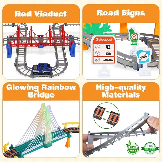 Electric Train Set for Kids Ages 5-8, 2 in 1 DIY Tracks Toy Dual-Layer Tracks with Light-Up Bridge & Realistic Sounds 100+ Piece STEM Building Toy for Boys Birthday Gifts 3 4 5 6 7 8+