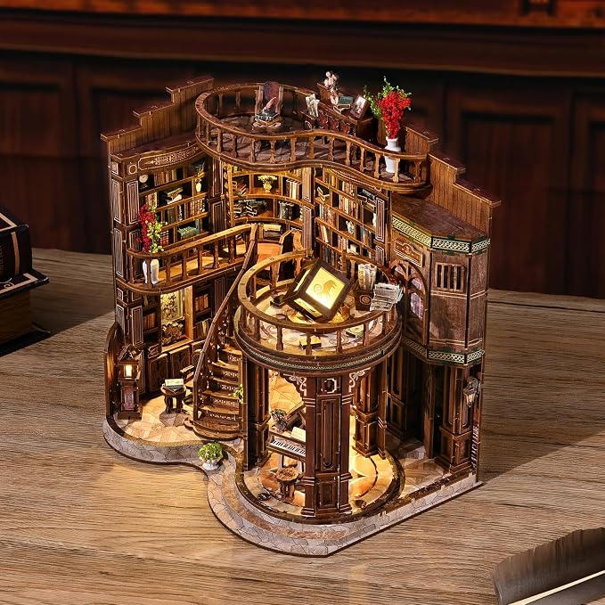 DIY Book Nook Kit for Adults, 888 Pcs 3D Wooden Puzzle Miniature Dollhouse with LED, Library Bookshelf Insert Decor, Mindful Craft Activity for Teens and Adults