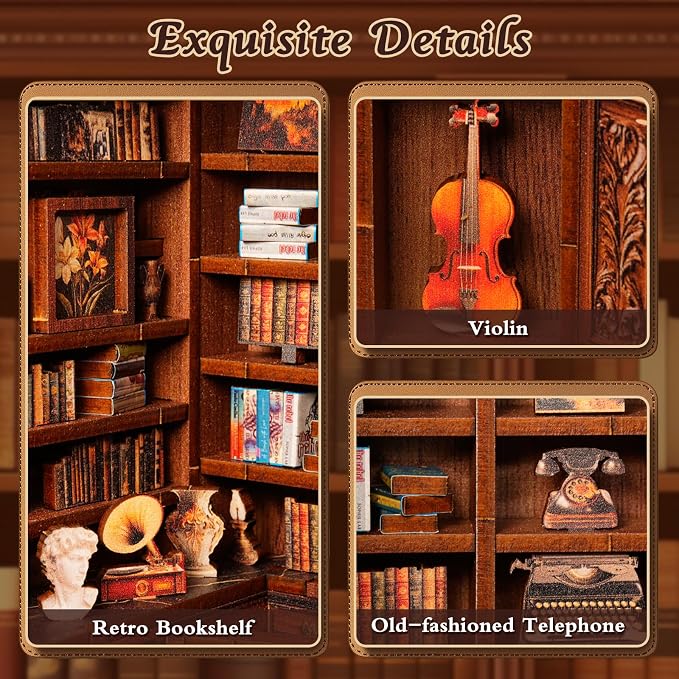 DIY Miniature House Kit, Library Book Nook Kit, 3D Wooden Puzzles Bookshelf Craft Kits, Dollhouse Kit with LED Light, Mini Building Kit for Adults Teen to Build (Retro Bookstore)