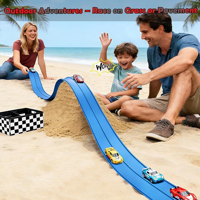 Flexible Race Track 15 Ft Starter Set, Flex Tracks for Kids 3+ with Strong Suction Cups, Flexible Car Race Ramp Track Compatible with Hot Wheels and Diecast 1/64 Cars, Portable Rolls Up Race Tracks