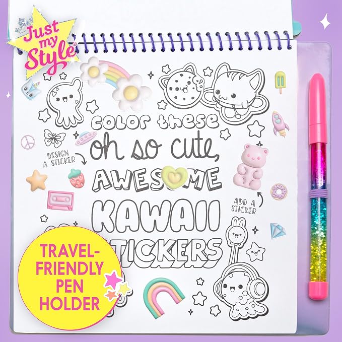 Just My Style 3D-Style Activity Book, 30 Pages of Coloring Activities, Includes Sticker, Glitter-Filled Pen, & Bonus Flower Keychain, Squishy 3D Cover, Drawing Pad for Kids, Sketchbook for Drawing