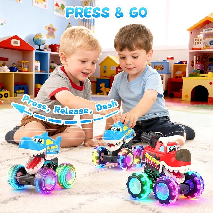 Monster Truck Toys, 3 Pack Light Up Cars for Toddlers, Baby Animal Toy Trucks Dino Cars with LED Lightning Wheels, Press & Go Car with Moving Mouth for Kids Boys Girls Christmas Birthday Gifts