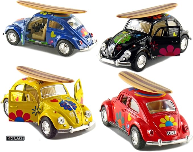 KiNSMART - 1967 Volkswagen Classic Beetle 5 Inch 1:32 Scale Die Cast Metal Model Toy (SetOf4 -Surfboards)