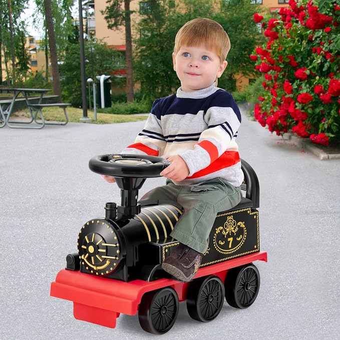 Costzon Ride on Toys, 6V Electric Ride on Train with Tracks, Storage Seat, Flashing Lights & Music, Backrest, Anti-tilt Device, Gift for Toddler Boys & Girls, Battery Powered Ride on Car (Black)
