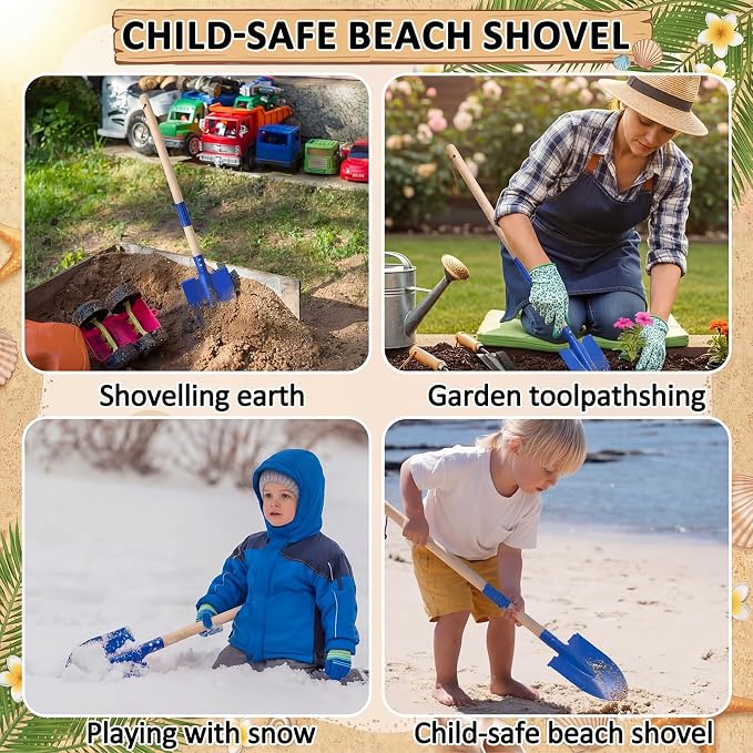 4 Pcs Detachable Kids Beach Shovels, 27" Long Kids Gardening Tools Bulk Metal Sand Shovels with Wooden Handle for Digging Shoveling Sand Snow Gardening Tools Beach Toys Gifts(Blue)