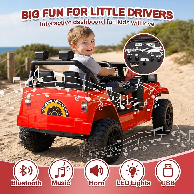 12V 7AH Kids Ride-On Truck Car, Electric Car with Parent Remote Control, Spring Suspension, LED Lights, Bluetooth, Music, Bright Red