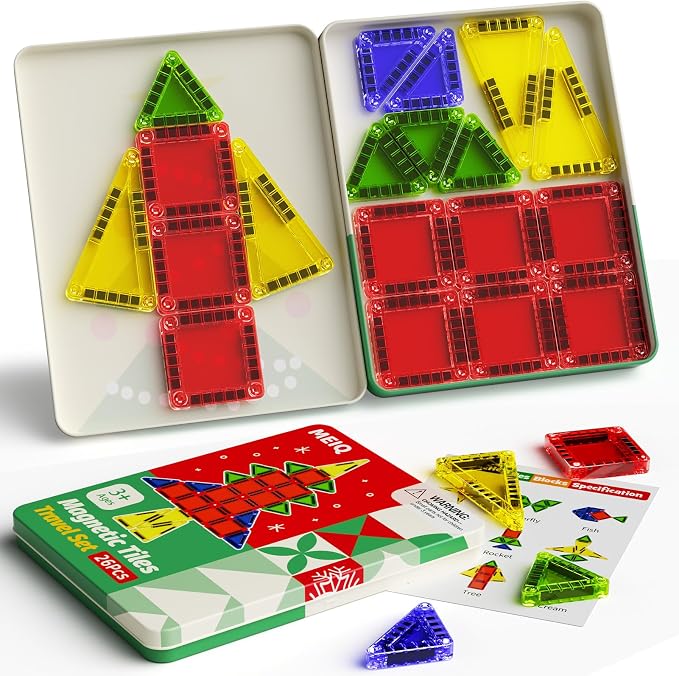 Travel Magnetic Tiles for Kids, 26 PCs Mini Magnetic Building Blocks with Festive Iron Storage Box, STEM Travel Toys for Toddlers Ages 3-5+, Educational Learning Gift for Boys & Girls