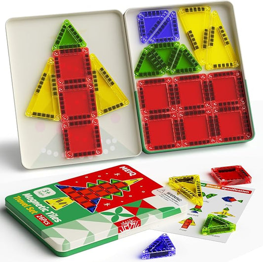 Travel Magnetic Tiles for Kids, 26 PCs Mini Magnetic Building Blocks with Festive Iron Storage Box, STEM Travel Toys for Toddlers Ages 3-5+, Educational Learning Gift for Boys & Girls