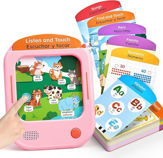 JoyCat Bilingual Kids Learning Tablet, English & Spanish Talking Flash Cards with 106 Pages, 20 Interactive Games, Montessori Learning Toy for Alphabet, Words, Numbers & Songs, Gift for Toddlers 2-6