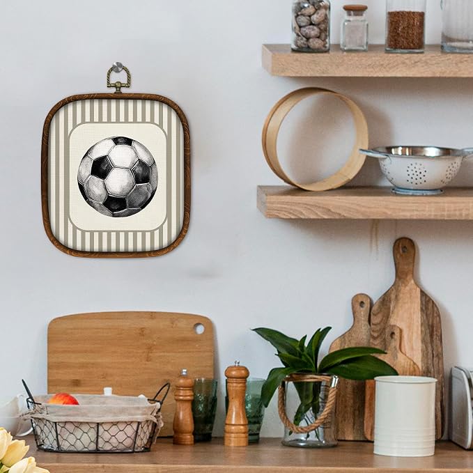WULQYING Soccer Sports Nursery Wall Art Decor, Boys Room Square Framed Canvas Art Prints, Neutral Striped Sport Lover Gift Wall Hanging Decor for Kids Nursery Room Playroom, 5.7x6.5 Inches