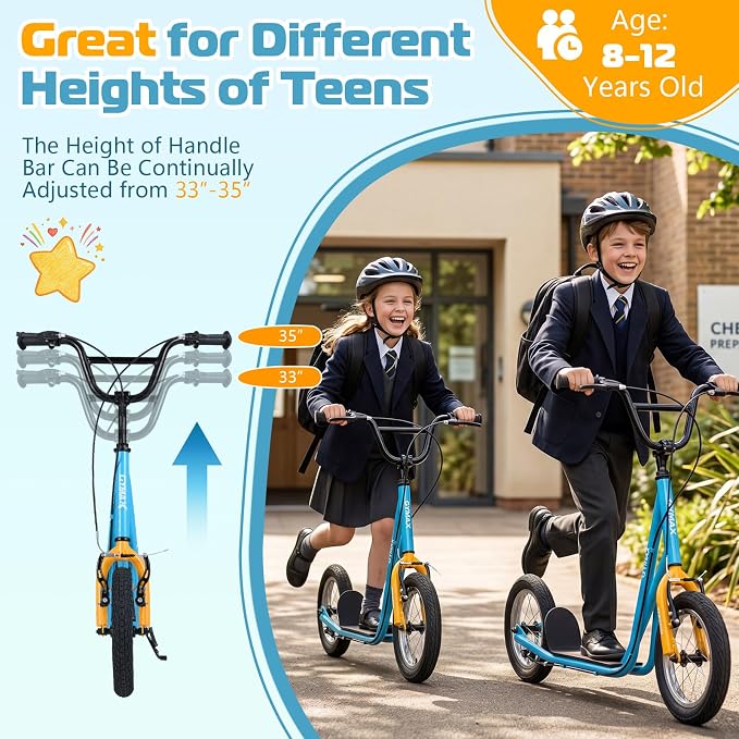 GYMAX Scooter, Kids & Adults Off-Road Scooter with 12" Inflatable Wheels, Adjustable Height Handlebar, V-Type Handbrakes & Axle Pegs for All Terrain, 8+