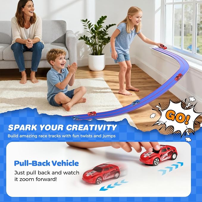 TAEMVV 15 Ft Dual Flexible Race Track for Kids, DIY Ramps Car Track Set with 2 Toy Cars Compatible with Hot Wheels 1/64 Diecast Cars, Reinforced Suction Cup for Boys Girls 3+, Blue Pro