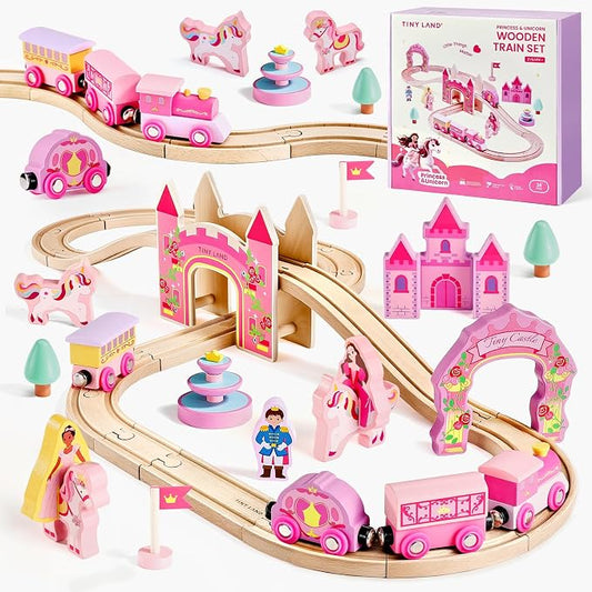 Tiny Land Wooden Train Set for Girls, 38PCS Unicorn Princess Train Set with Castle Bridge & Royal Accessories, Pink Fantasy Train Track Set, Gift for Toddlers Girl Toys Ages 3+