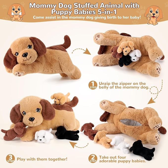 gnomantic Dog Stuffed Animals with Babies Inside, Mommy Toy for Kids | 5-Piece set: 1 mommy dog + 4 baby puppies inside. Unzip belly to reveal surprise babies. Ultra-soft, ages 3-8.