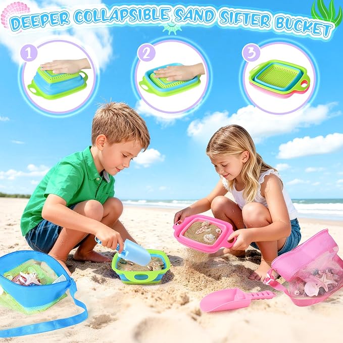 EULRGAUS Beach Sand Toys, 2 Collapsible Sand Sifters, 2 Beach Shovels, 2 Mesh Beach Bags, Shark Tooth Sifter & Shell Collecting for Kids Boys and Girls, Beach Essentials for Family