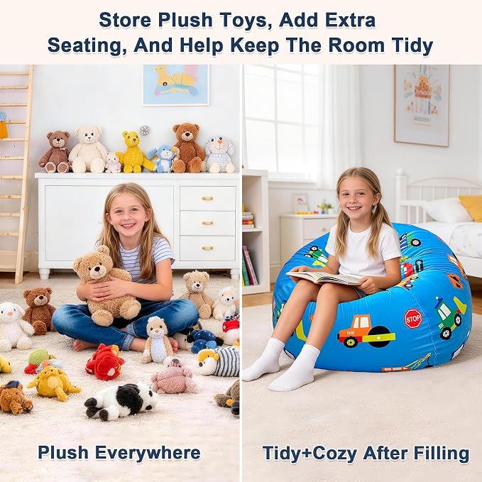Lukeight Stuffed Animals Storage Bean Bag Chair Cover for Kids and Teens, Cozy Velvet Plush Toy Organizer Seat, Cover Only, No Filling Included, Long YKK Zipper, Side Pocket, XX-Large 36 x 20 in
