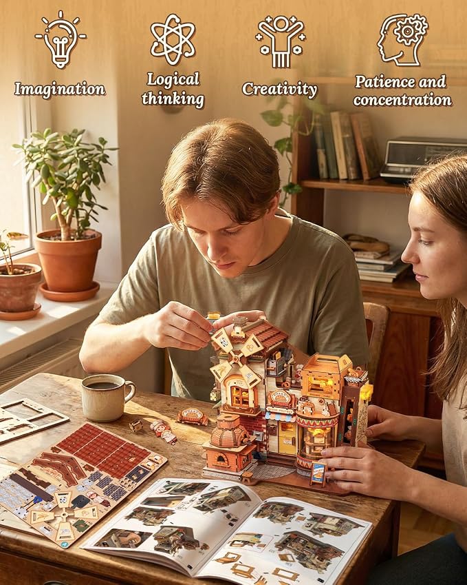 CUTEBEE 3D Wooden Model Building Kit Music Box - DIY Diorama Kit with LED Light, Music, Atomization Smoke, Type-C Power & 360° Rotating Display, Home Decor, Gifts for Teens & Adults (Bread Factory)