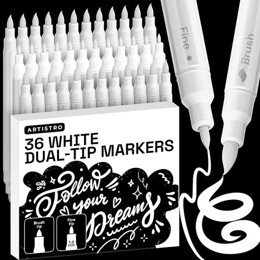 ARTISTRO 36 White Acrylic Paint Markers - Paint Pens for Drawing - For Fabric, Rock, Glass, Wood, Molds - Arts & Crafts Gift for Adults, Teens, Kids, Classroom Must Haves & School Supplies