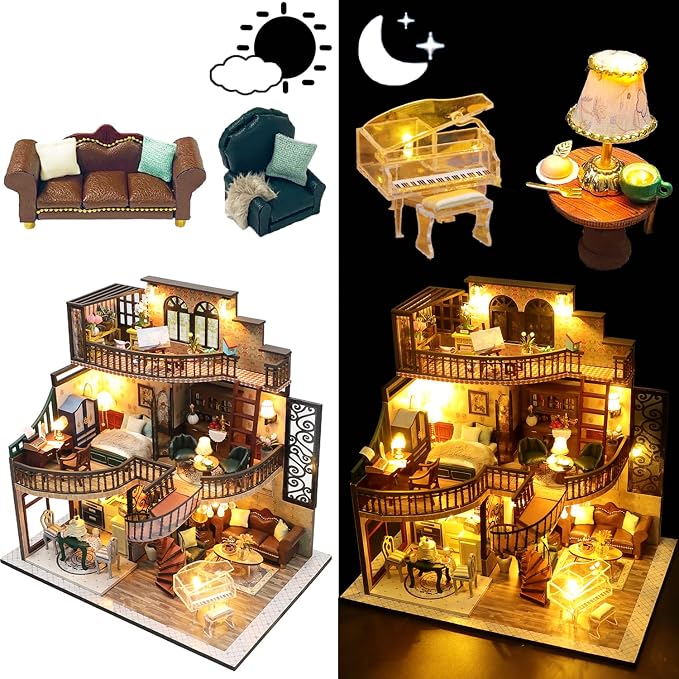 Spilay DIY Miniature Dollhouse Kit with Wooden Furniture,1:24 Scale Mini House with Dust Proof Cover & Music Box,Best Valentine's Day (M2132)