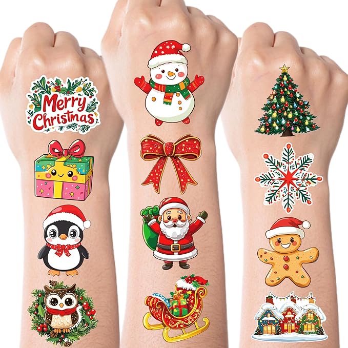 JCFIRE Christmas Temporary Tattoos for Kids Stocking Stuffers, Waterproof Tattoo Stickers Christmas Party Favors, Stocking Stuffers for Kids Toddlers Teens Boys Girls, Goodie Bag Stuffers