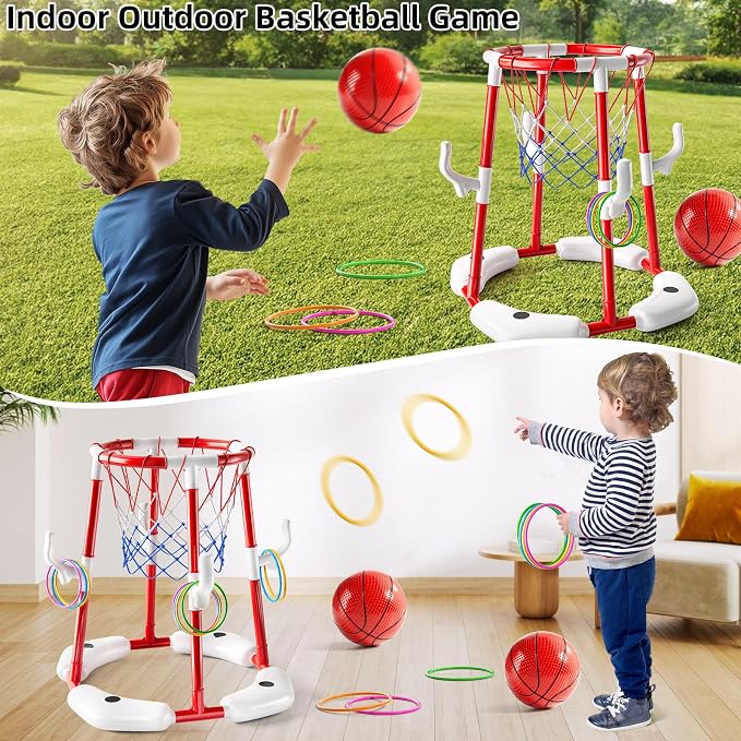 NIPLOOOW Pool Basketball Hoop, 2-in-1 Floating Pool Toys Ring Game with 4 Balls and Pump, Outdoor Swimming Pool Basketball Games Water Play Toy Family Party for Kids Adults Age 3-12 (Red)