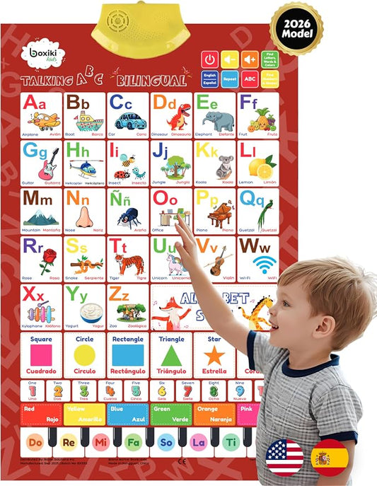 Bilingual English & Spanish Interactive Alphabet Wall Chart (2026 Model) – Talking ABC Letters, Numbers 123 & Music Learning Poster – Educational Toy for Toddlers & Kids Ages 3+